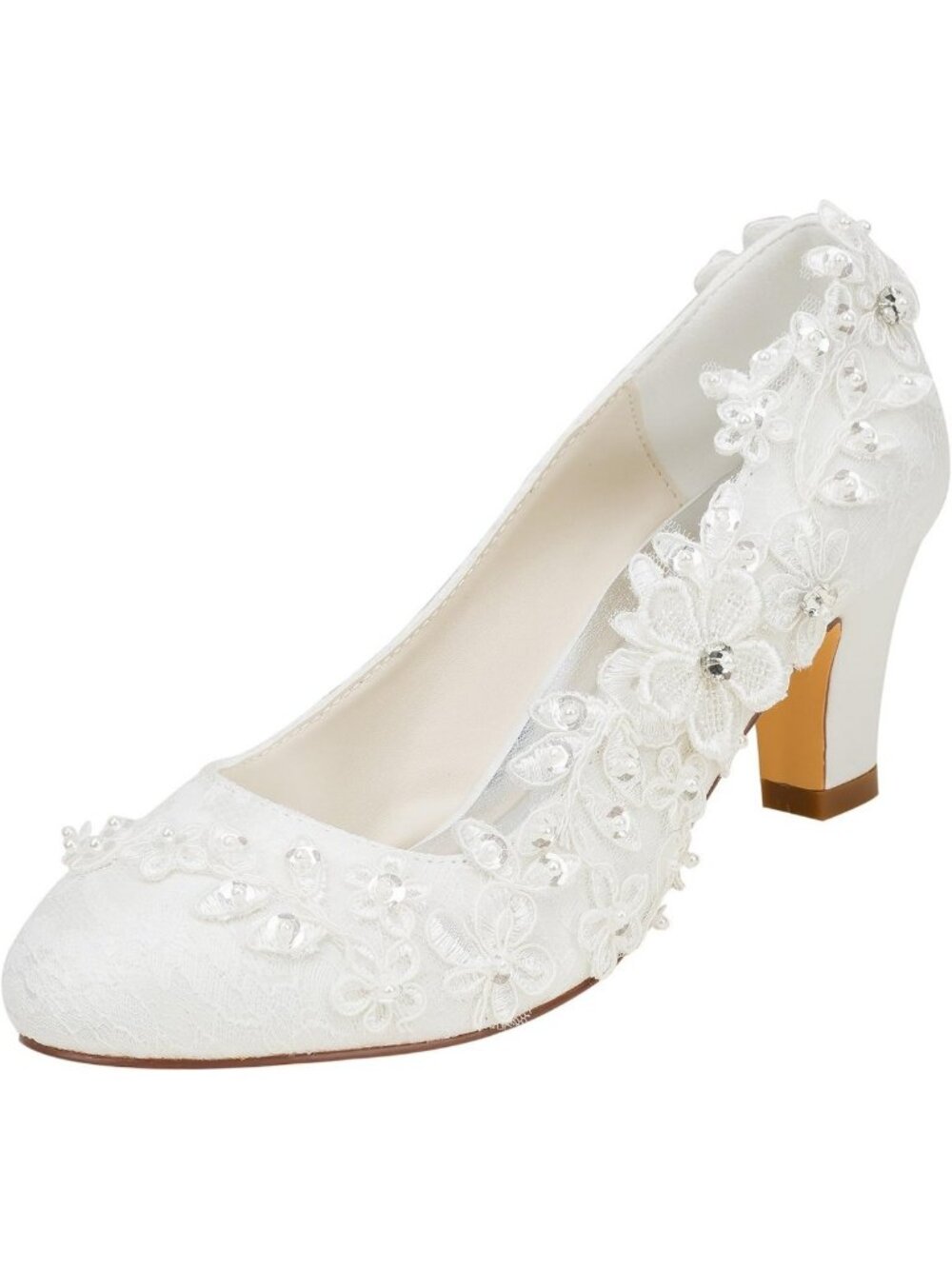 Elegant Silk-Like Satin Wedding Shoes - Chunky Heel Pumps with Lace & Pearl